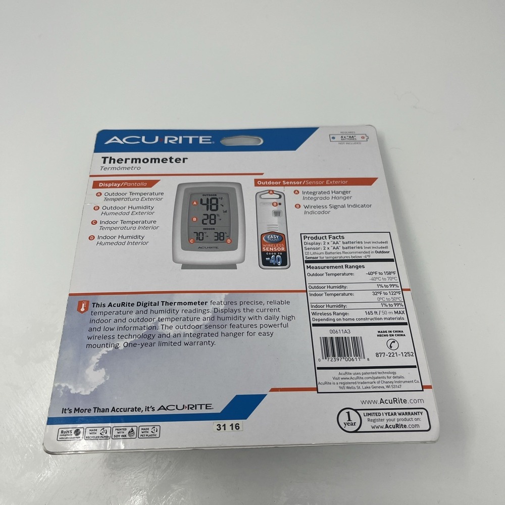 AcuRite Wireless Digital Thermometer with Humidity 00611 -40 - 158 Deg SEALED - Picture 2 of 3